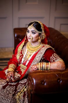 South Asian bride in traditional red and gold attire with henna and jewelry indoors.